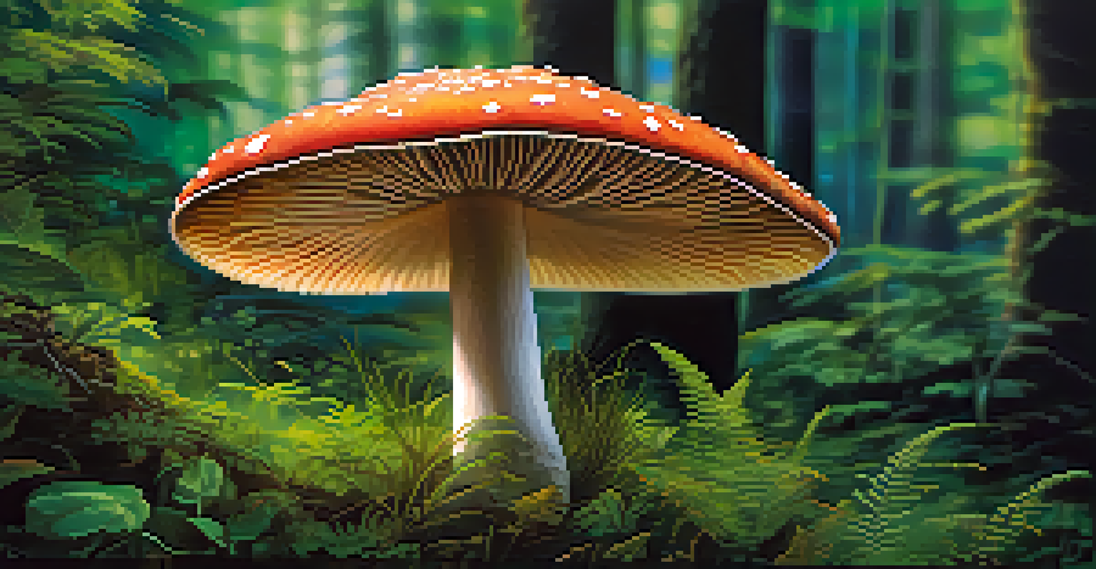 A close-up of a vibrant magic mushroom growing in a green forest, with soft light highlighting its details.