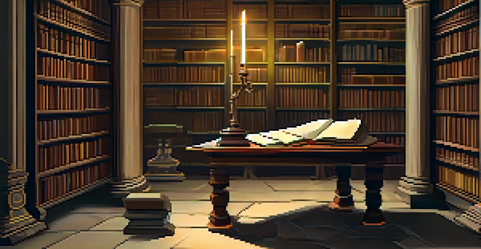 An ancient stone table surrounded by open books and scrolls, illuminated by candlelight, with a quill and inkpot, set against towering bookshelves.