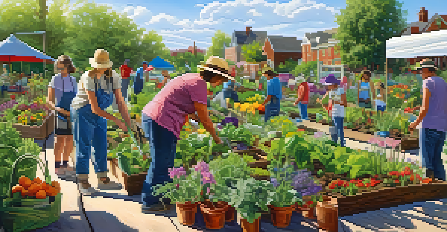 A lively community garden with people planting and caring for various plants under the sun.