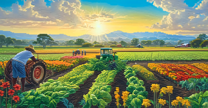 An indigenous farmer working in a diverse crop field, surrounded by greenery and colorful flowers under a bright blue sky.