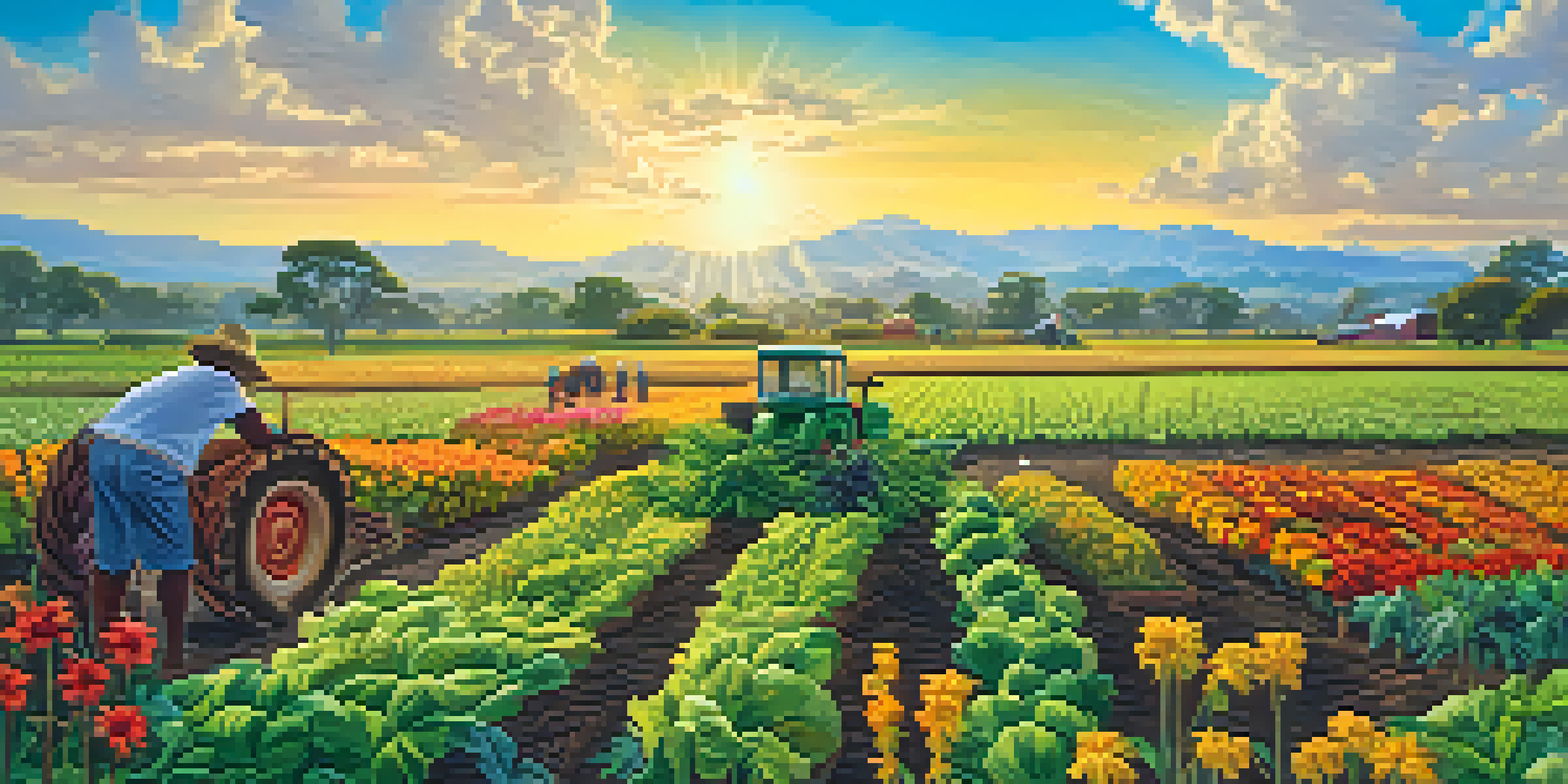 An indigenous farmer working in a diverse crop field, surrounded by greenery and colorful flowers under a bright blue sky.