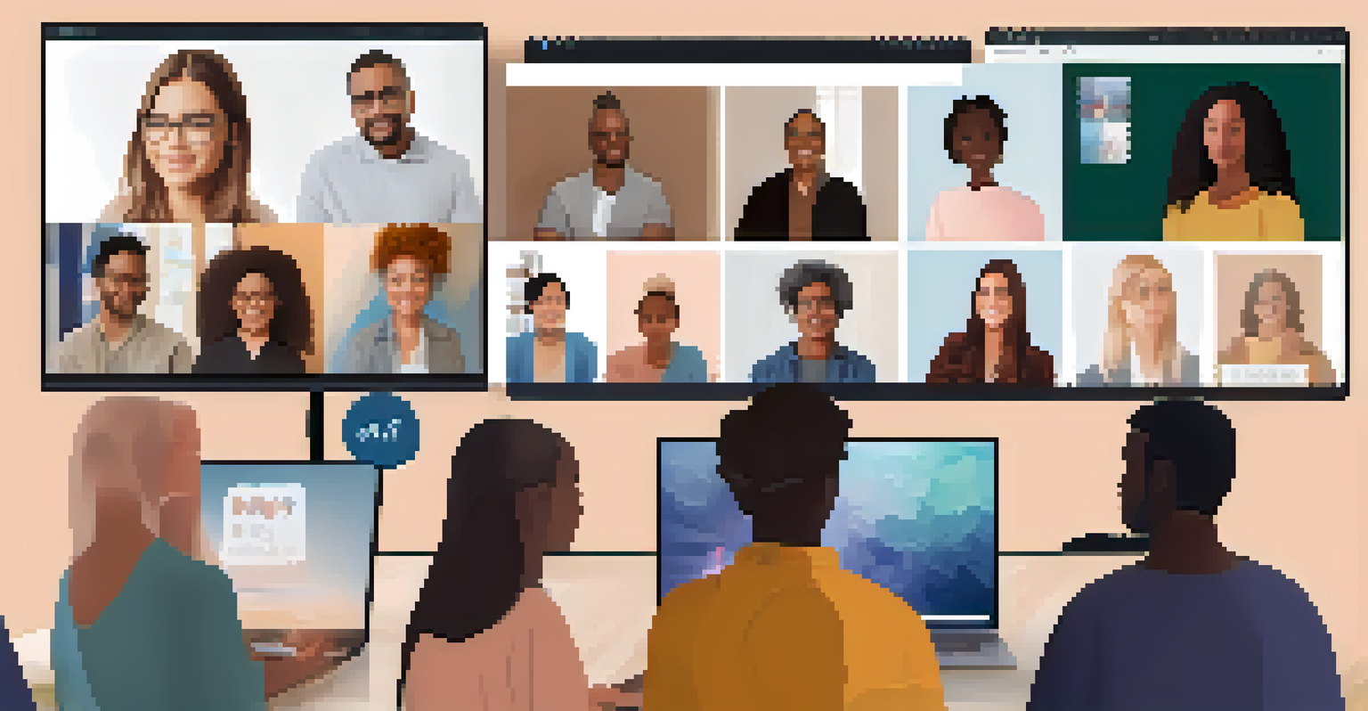 A computer screen displaying a virtual support group meeting, showcasing diverse participants engaged in conversation.