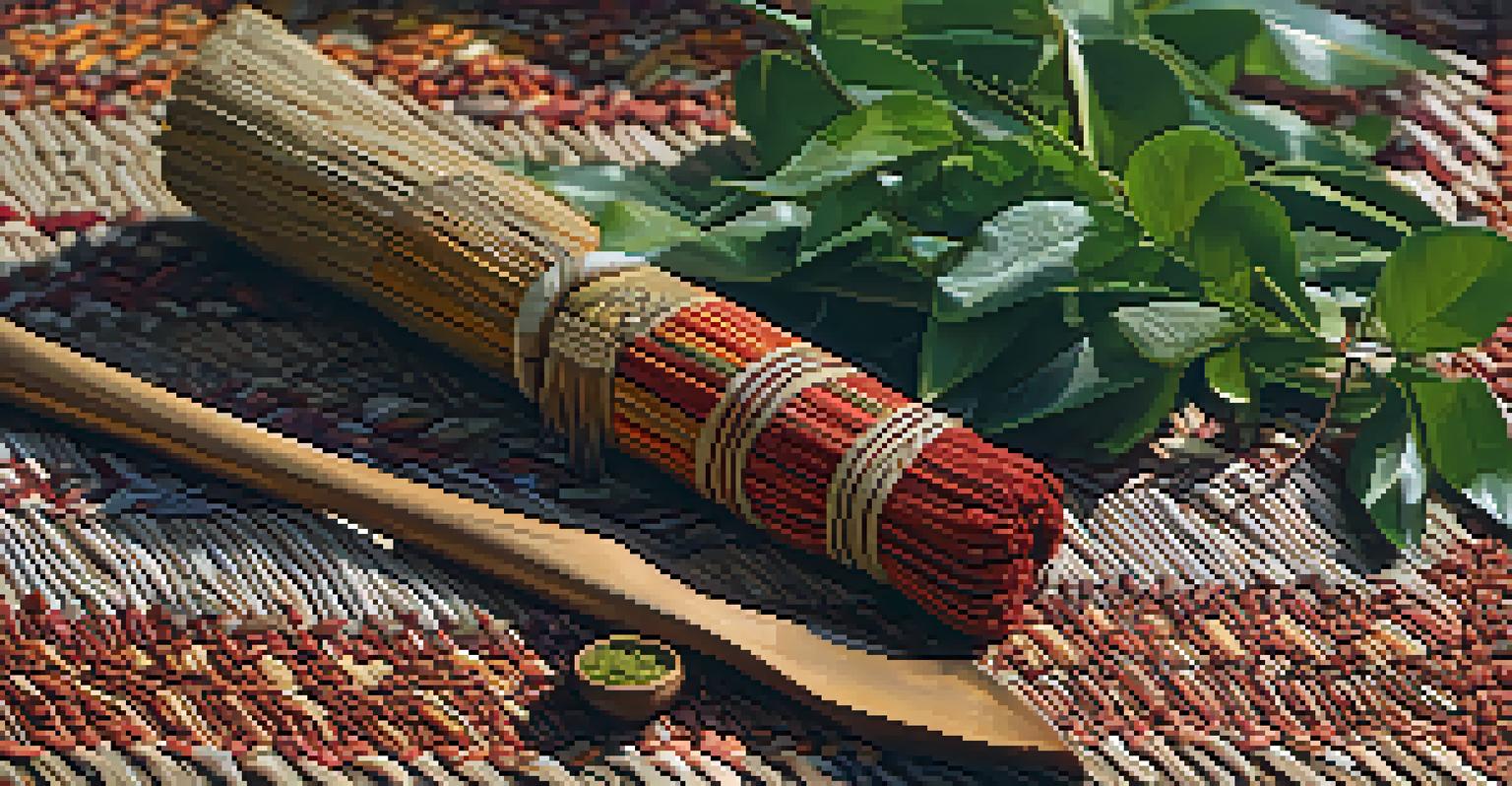A close-up of a traditional Indigenous medicine bundle containing sacred plants and herbs, placed on a textured woven mat, with natural light filtering through leaves above.