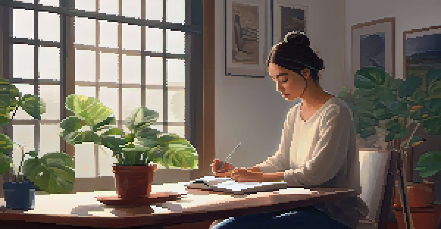 A person practicing box breathing at a table in a softly lit indoor room.