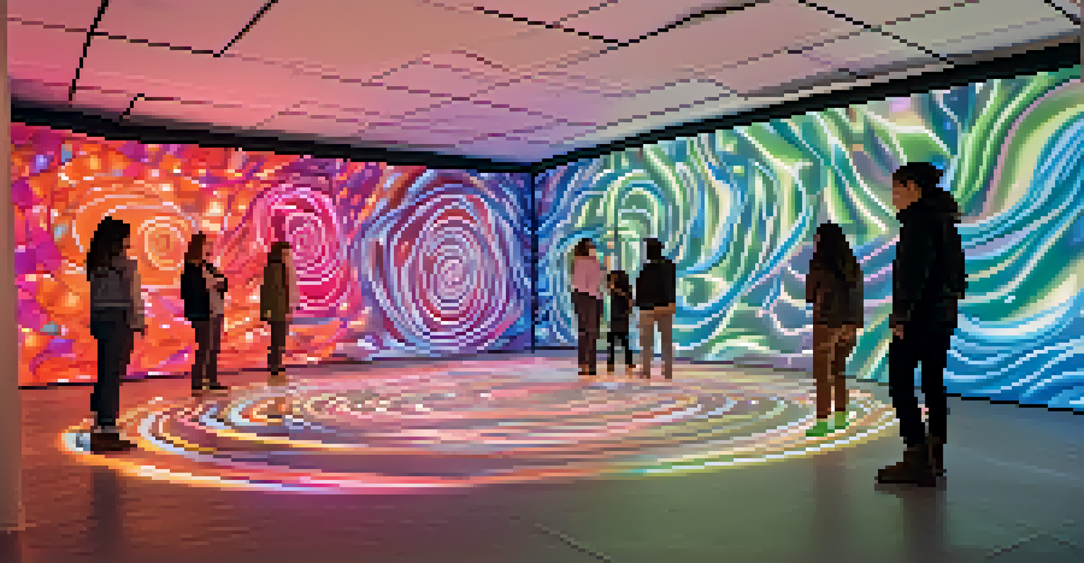 An immersive art installation with colorful lights and swirling patterns, inviting interaction.
