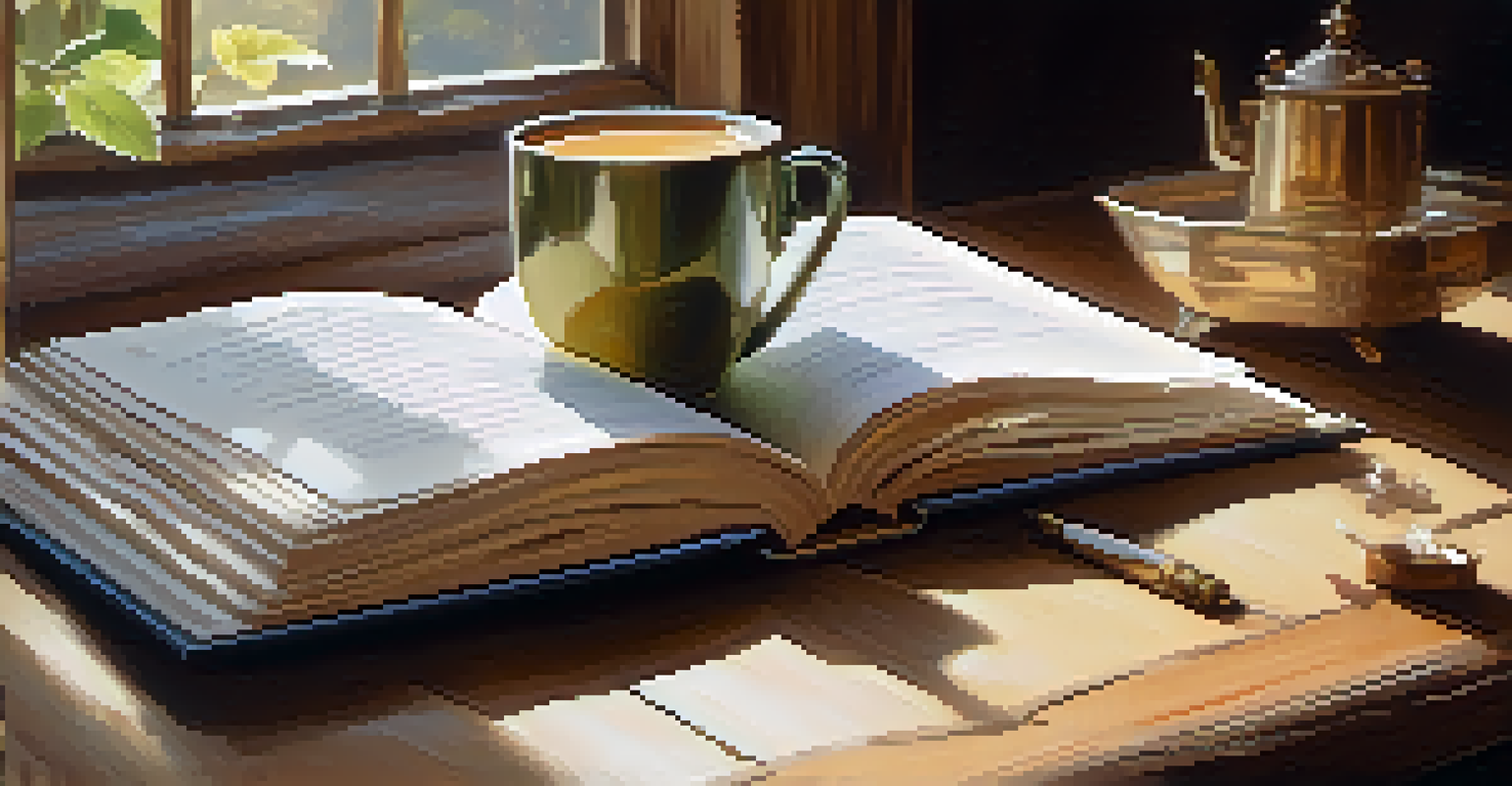 An open book with handwritten poetry on a wooden table next to a steaming cup of tea and scattered leaves.