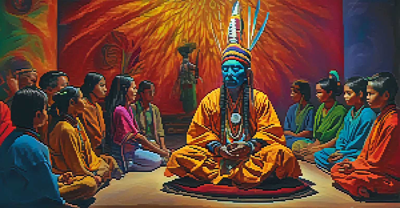 An artistic depiction of a shaman leading a hallucinogenic ritual in a dimly lit room with vibrant colors, participants meditating with eyes closed.