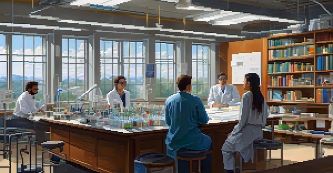 A diverse group of researchers in a laboratory discussing hallucinogen research, with books and scientific equipment around them.