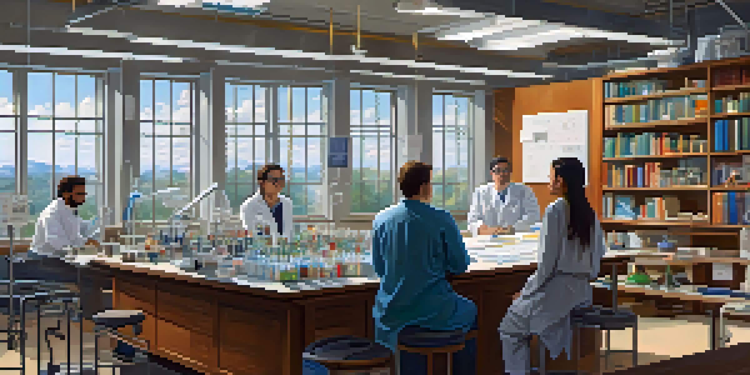 A diverse group of researchers in a laboratory discussing hallucinogen research, with books and scientific equipment around them.