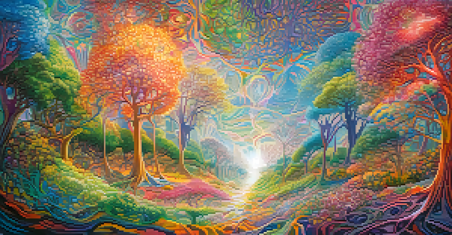An abstract image depicting swirling colors and patterns in a natural setting, representing a vivid hallucinogenic experience and a sense of unity with nature.