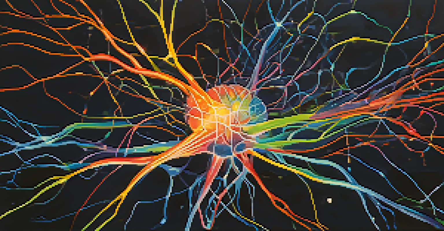 An abstract image of colorful neurons and neurotransmitters firing in a deep blue background, symbolizing brain activity.