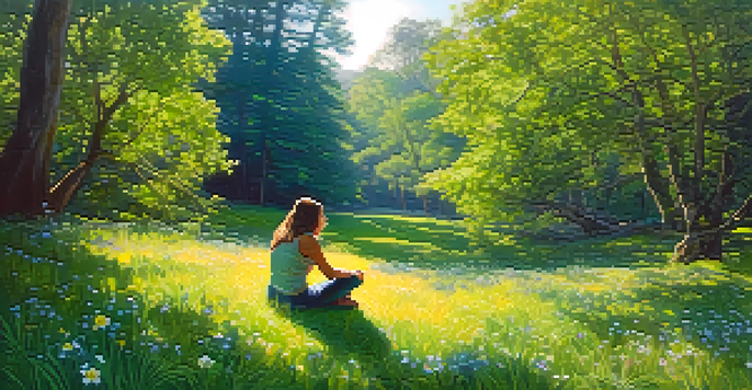 A person sitting cross-legged in a lush forest, surrounded by wildflowers and dappled sunlight, conveying a sense of peace and tranquility.