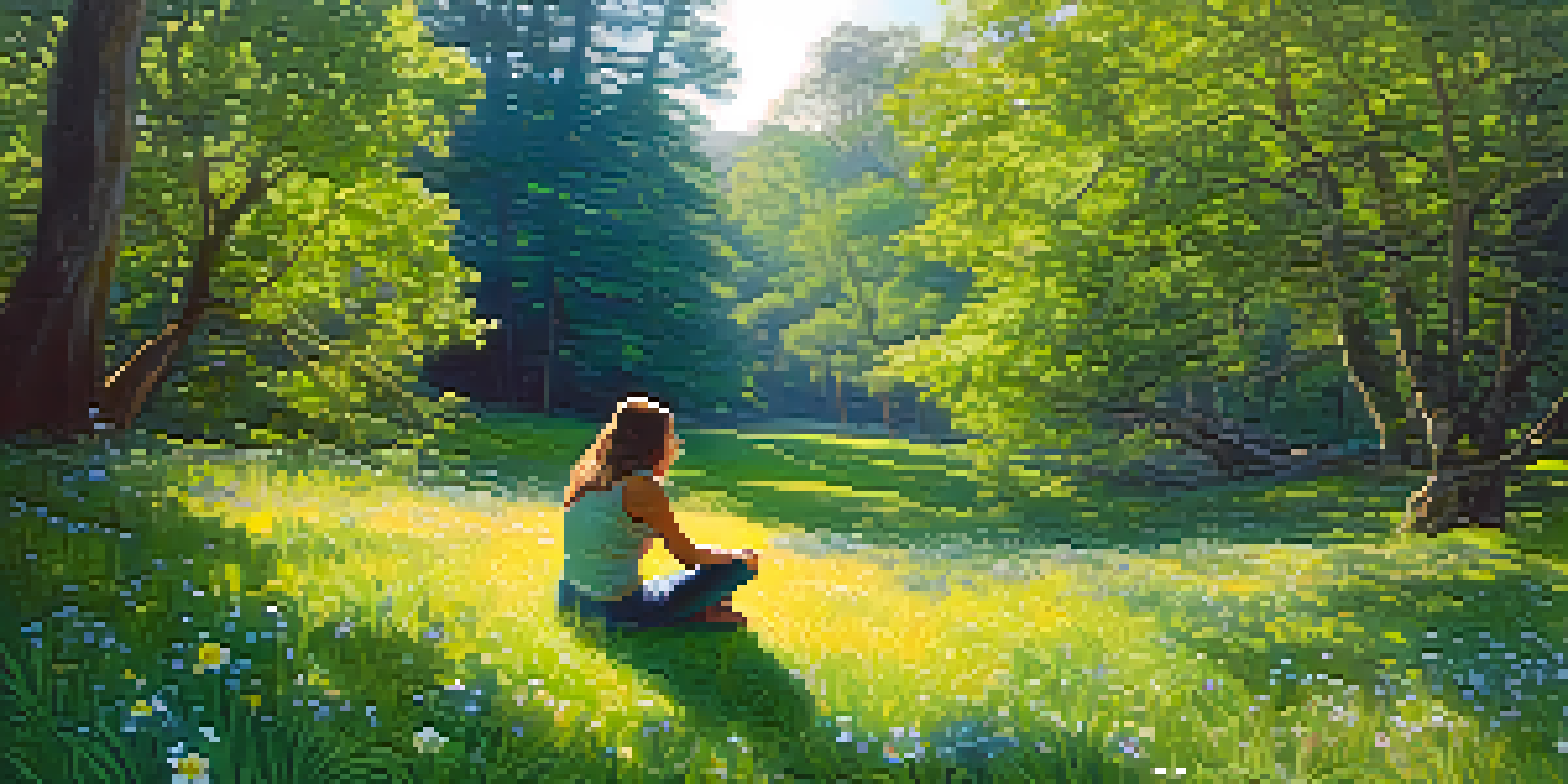 A person sitting cross-legged in a lush forest, surrounded by wildflowers and dappled sunlight, conveying a sense of peace and tranquility.