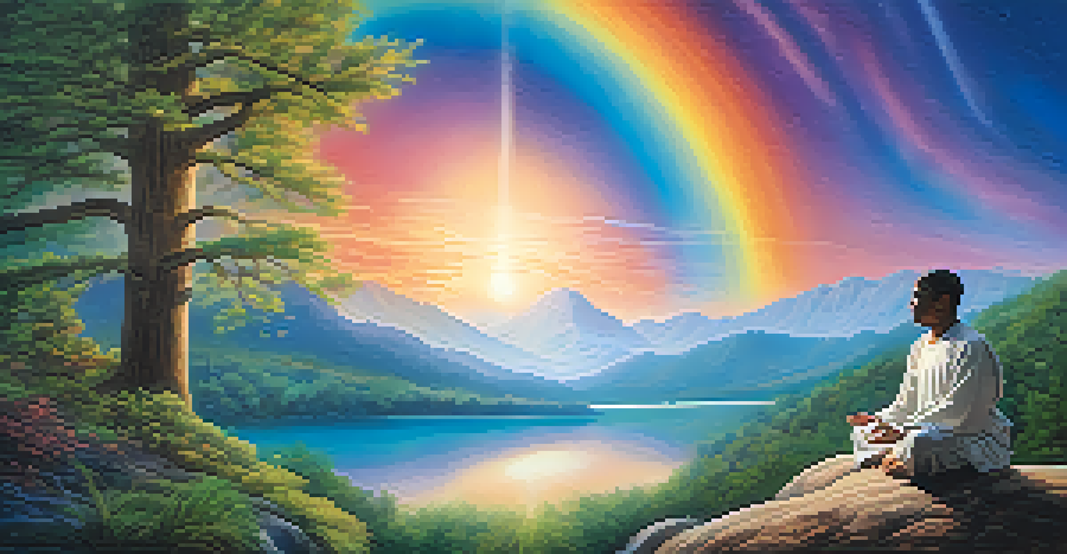 A meditative figure in a tranquil landscape, surrounded by vibrant colors and nature, symbolizing a spiritual journey and connection to the universe.