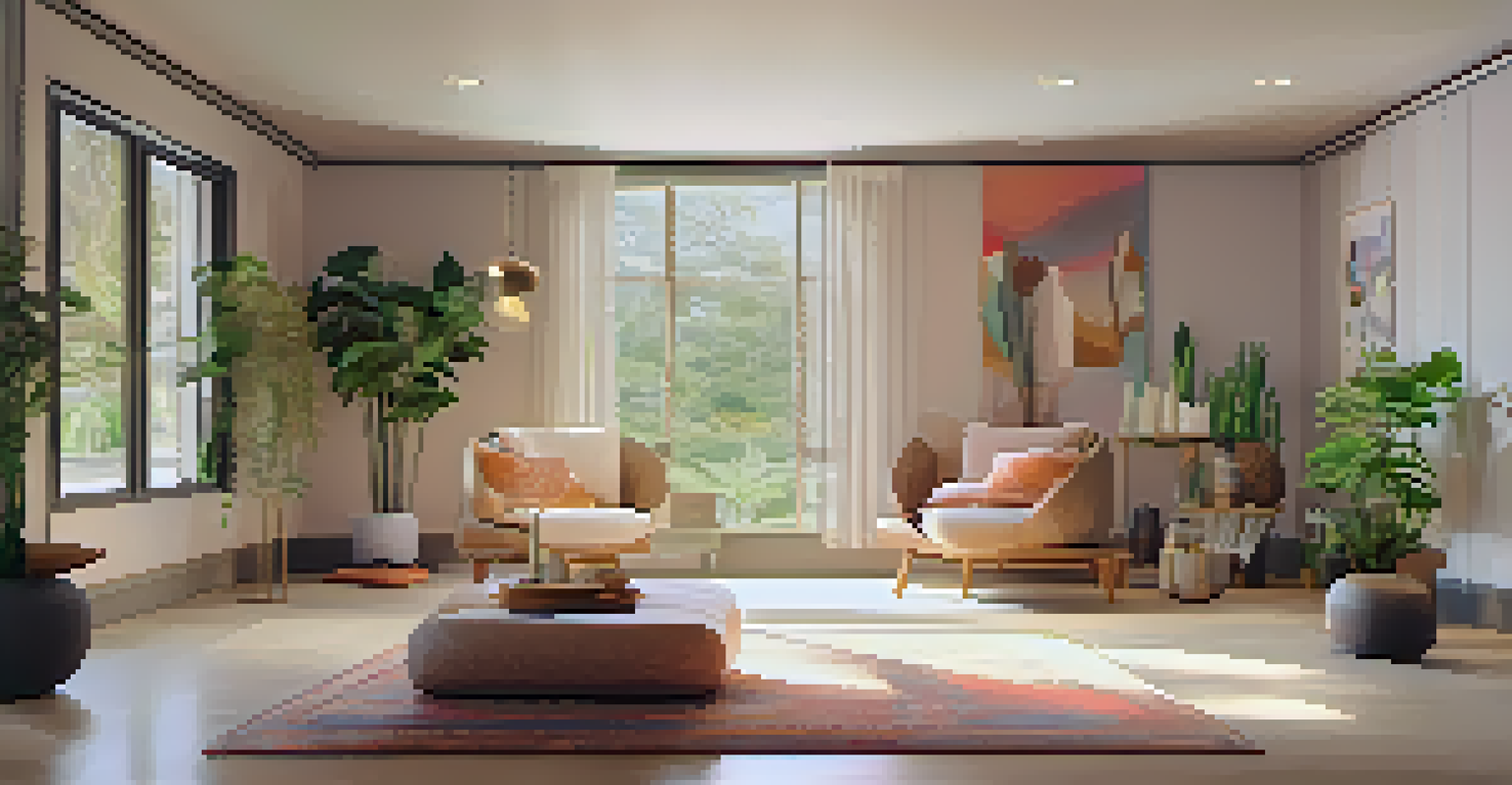 A modern therapy room for psychedelic integration therapy with comfortable seating, calming colors, and natural elements in soft light.