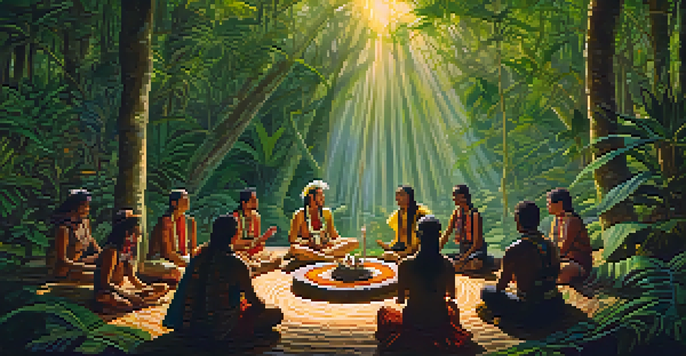 An Indigenous shaman leading an ayahuasca ceremony in a vibrant rainforest, with participants in meditation and sunlight filtering through the trees.