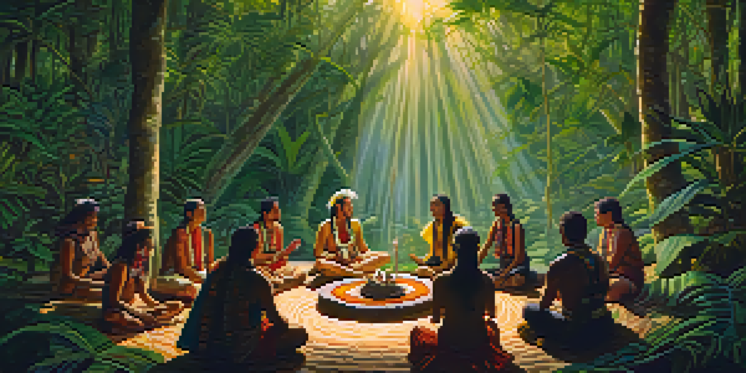 An Indigenous shaman leading an ayahuasca ceremony in a vibrant rainforest, with participants in meditation and sunlight filtering through the trees.