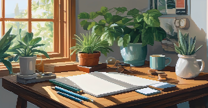 A bright and peaceful workspace with plants, art supplies, and a person journaling while enjoying tea.