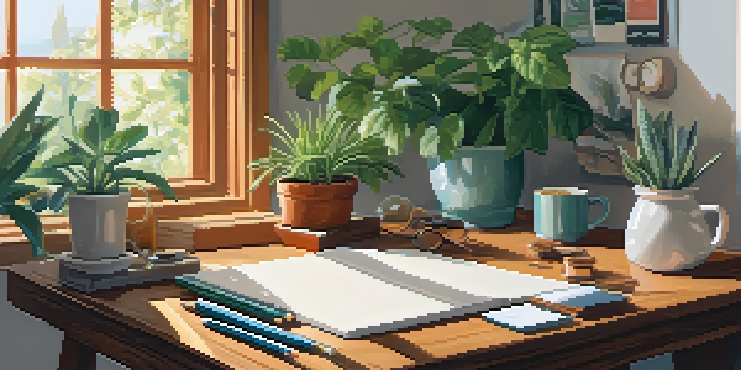 A bright and peaceful workspace with plants, art supplies, and a person journaling while enjoying tea.