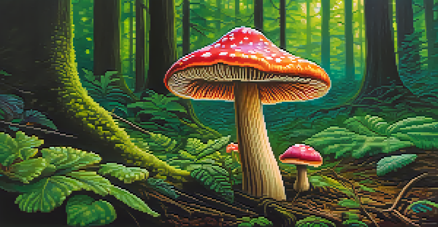 A detailed close-up of a vibrant mushroom in a green forest, showcasing its unique colors and textures.