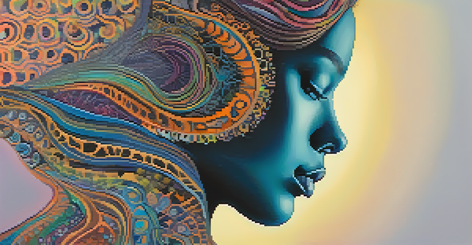 A colorful silhouette filled with patterns, representing identity exploration, against a pastel gradient background.