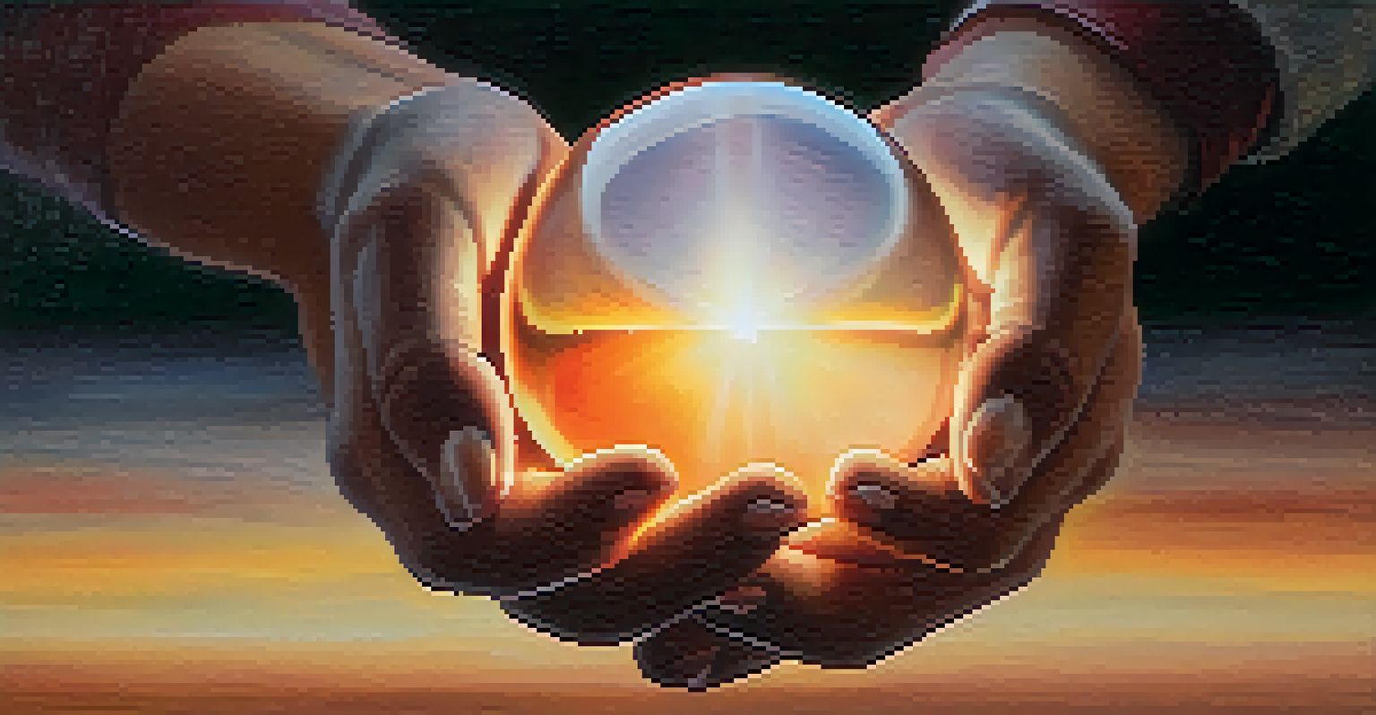 A close-up of hands holding a glowing orb, symbolizing healing and connection, with a warm, blurred background.