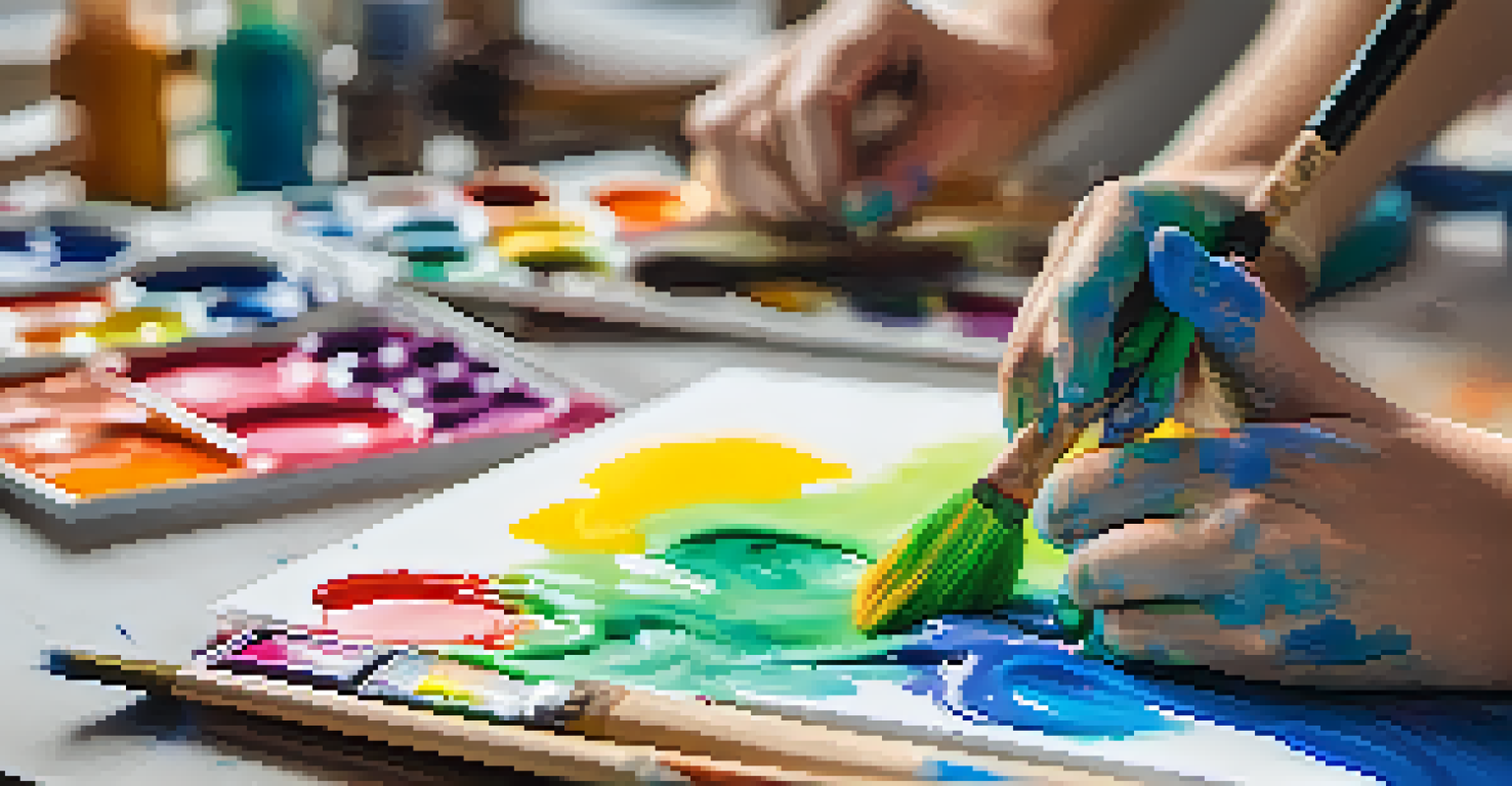 A close-up of hands covered in paint, actively creating art on a canvas during a therapy session, with a palette and sketchbook in the background.