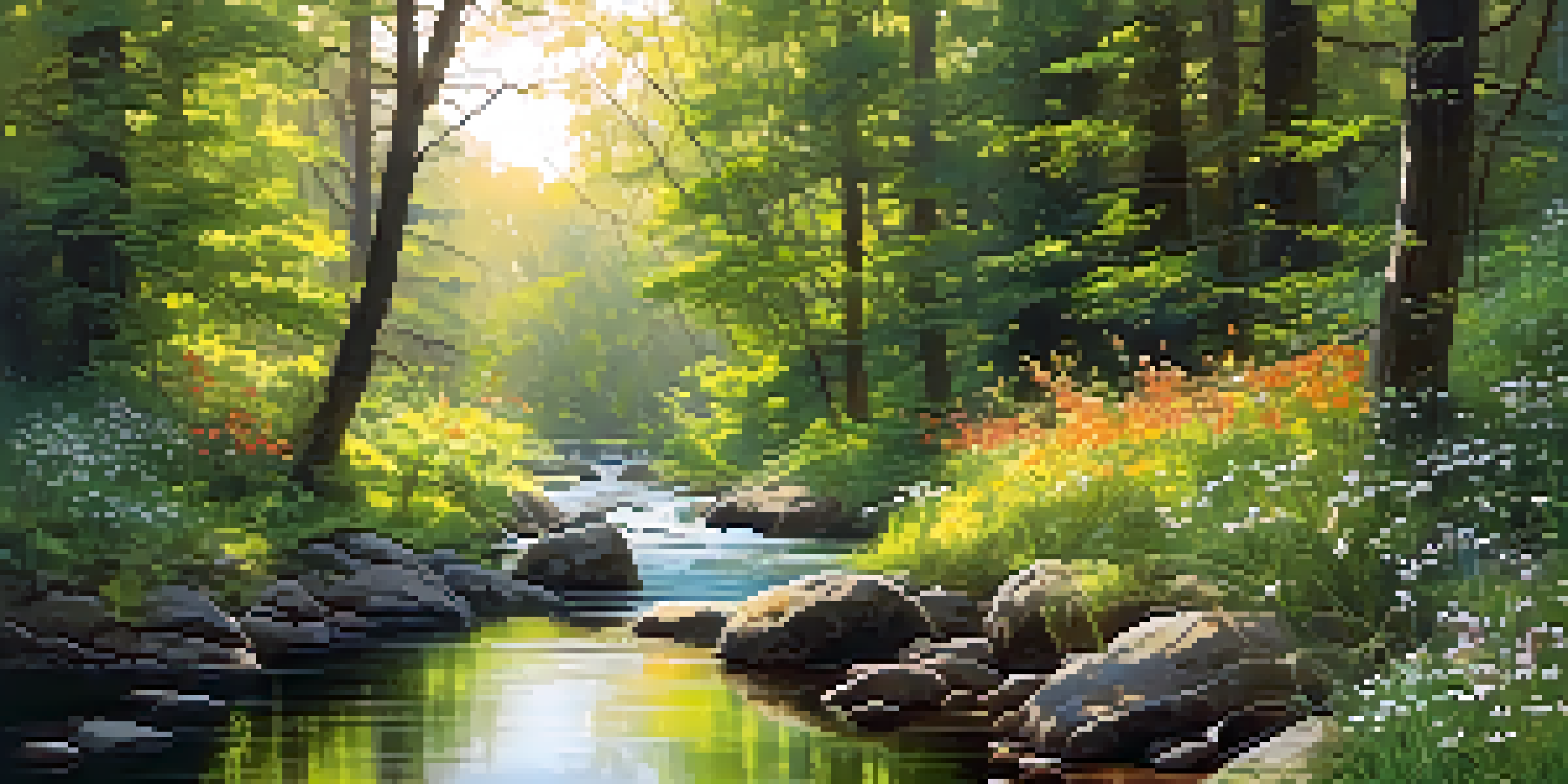 A peaceful forest scene with sunlight, a stream, colorful trees, and blooming wildflowers.