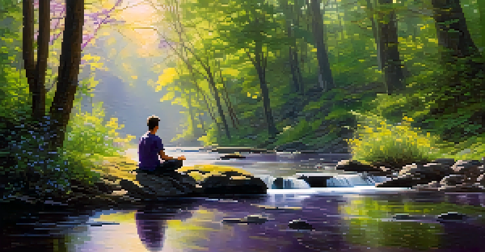A peaceful forest scene with sunlight filtering through trees, a stream reflecting the sky, and a person meditating on a rock.