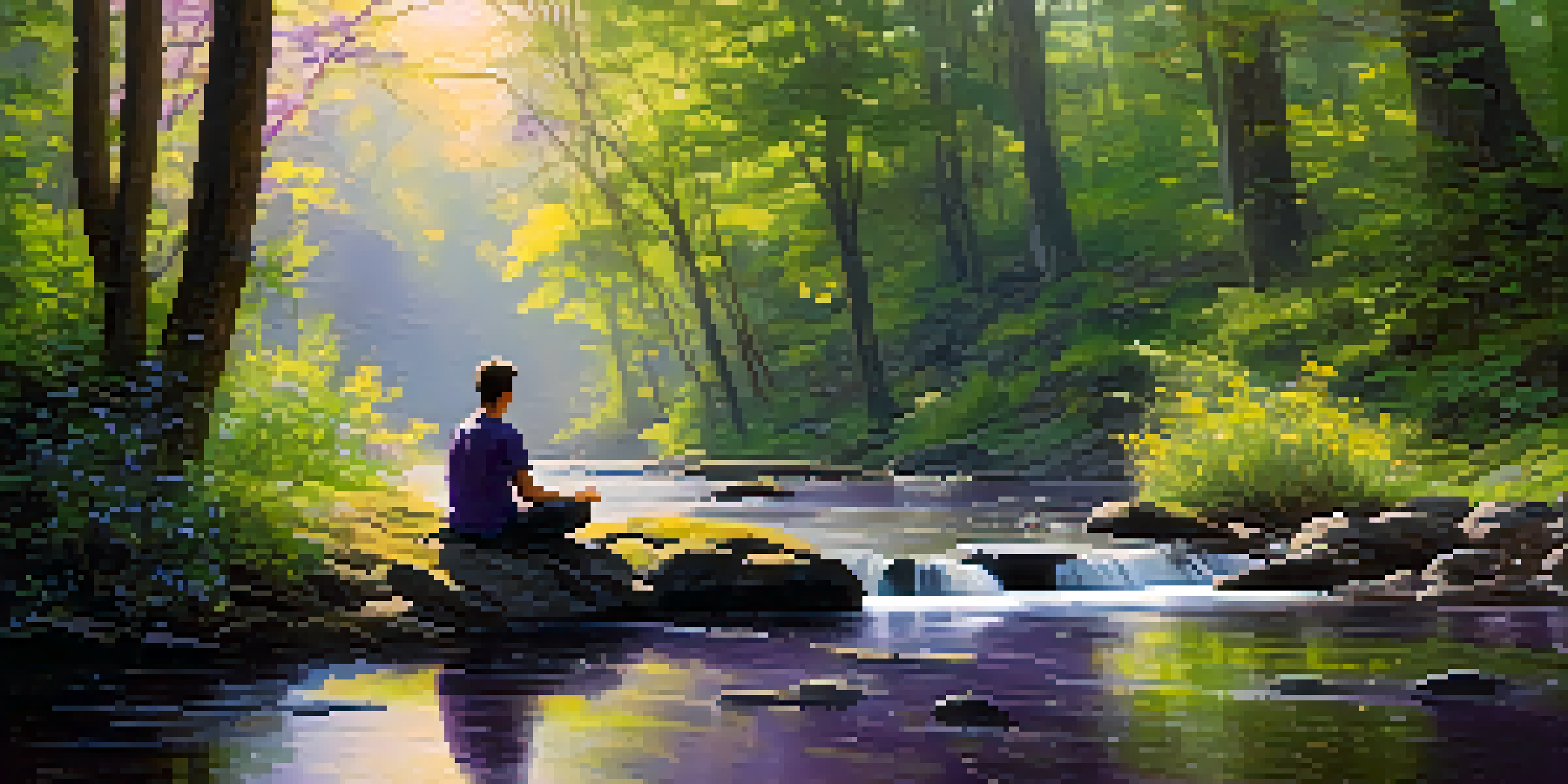 A peaceful forest scene with sunlight filtering through trees, a stream reflecting the sky, and a person meditating on a rock.