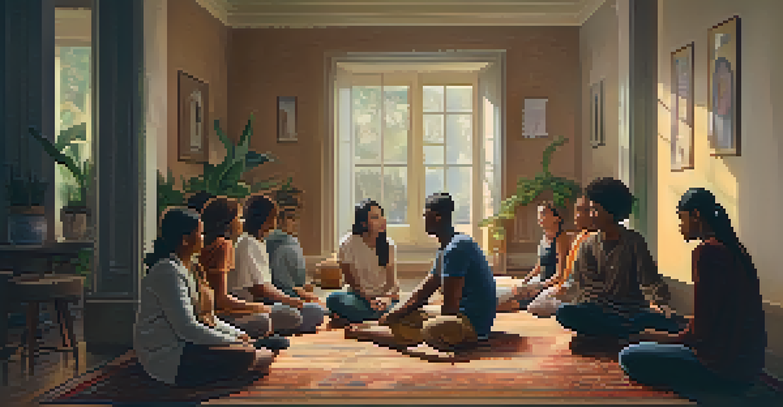 A warm, intimate therapy session with a diverse group sharing experiences in a circle, surrounded by symbols of connection.