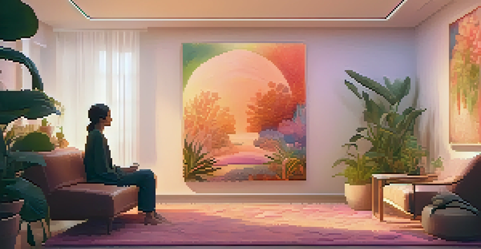 A calm therapy room with a person sitting on a rug, surrounded by plants and soft lighting, engaged in a therapy session.
