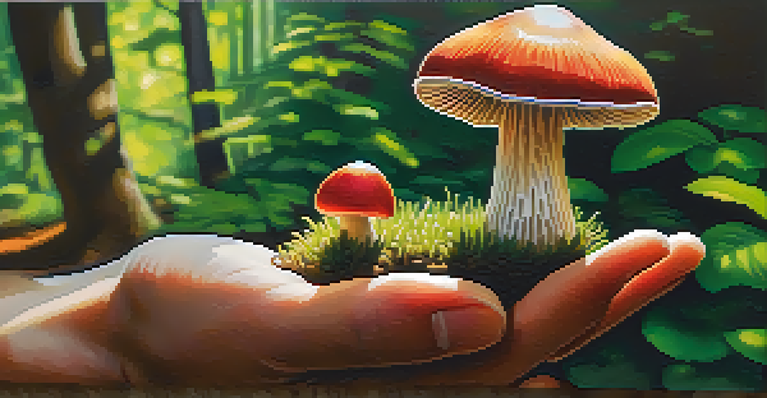 A close-up of a hand holding a colorful mushroom in a green forest, illuminated by dappled sunlight.