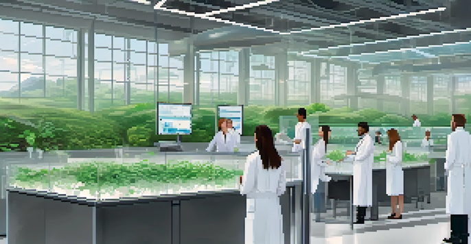 A laboratory with researchers in lab coats working on touchscreen displays, surrounded by plants and a digital blockchain visualization.