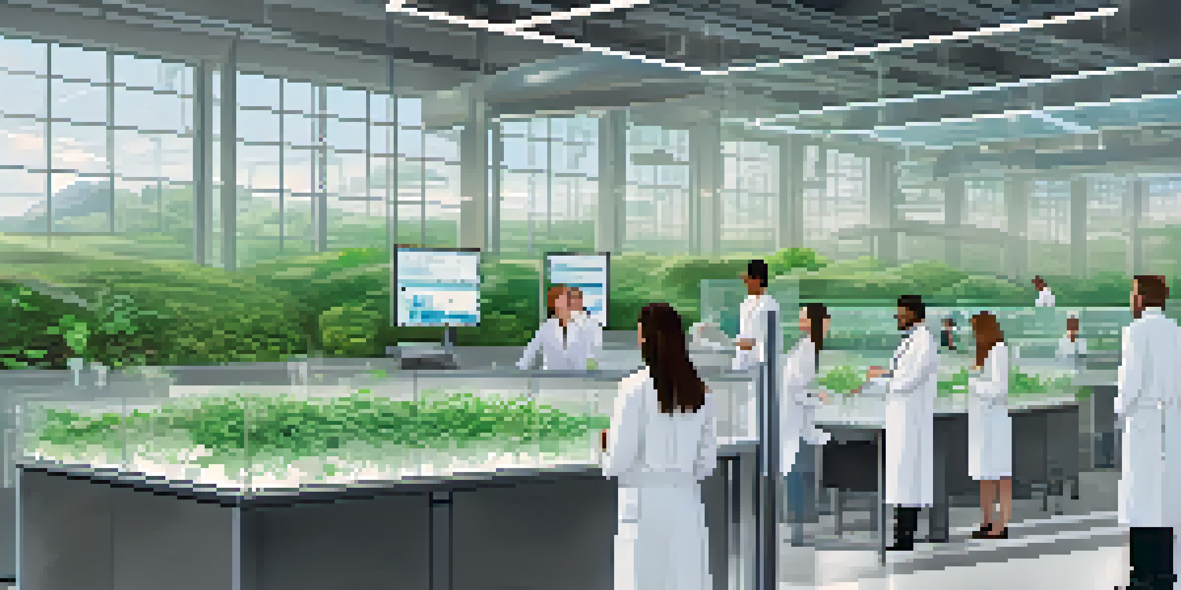 A laboratory with researchers in lab coats working on touchscreen displays, surrounded by plants and a digital blockchain visualization.