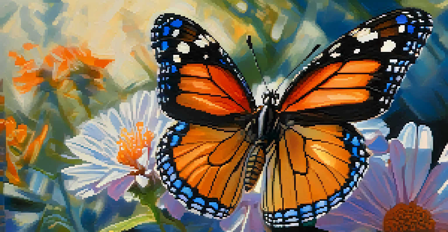 A colorful butterfly resting on a flower in a garden, showcasing intricate wing patterns.