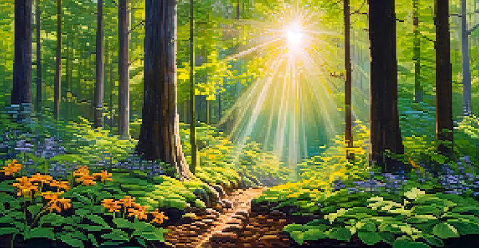 A colorful forest with trees stretching towards sunlight, symbolizing growth and change, with sunlight patterns on the ground.
