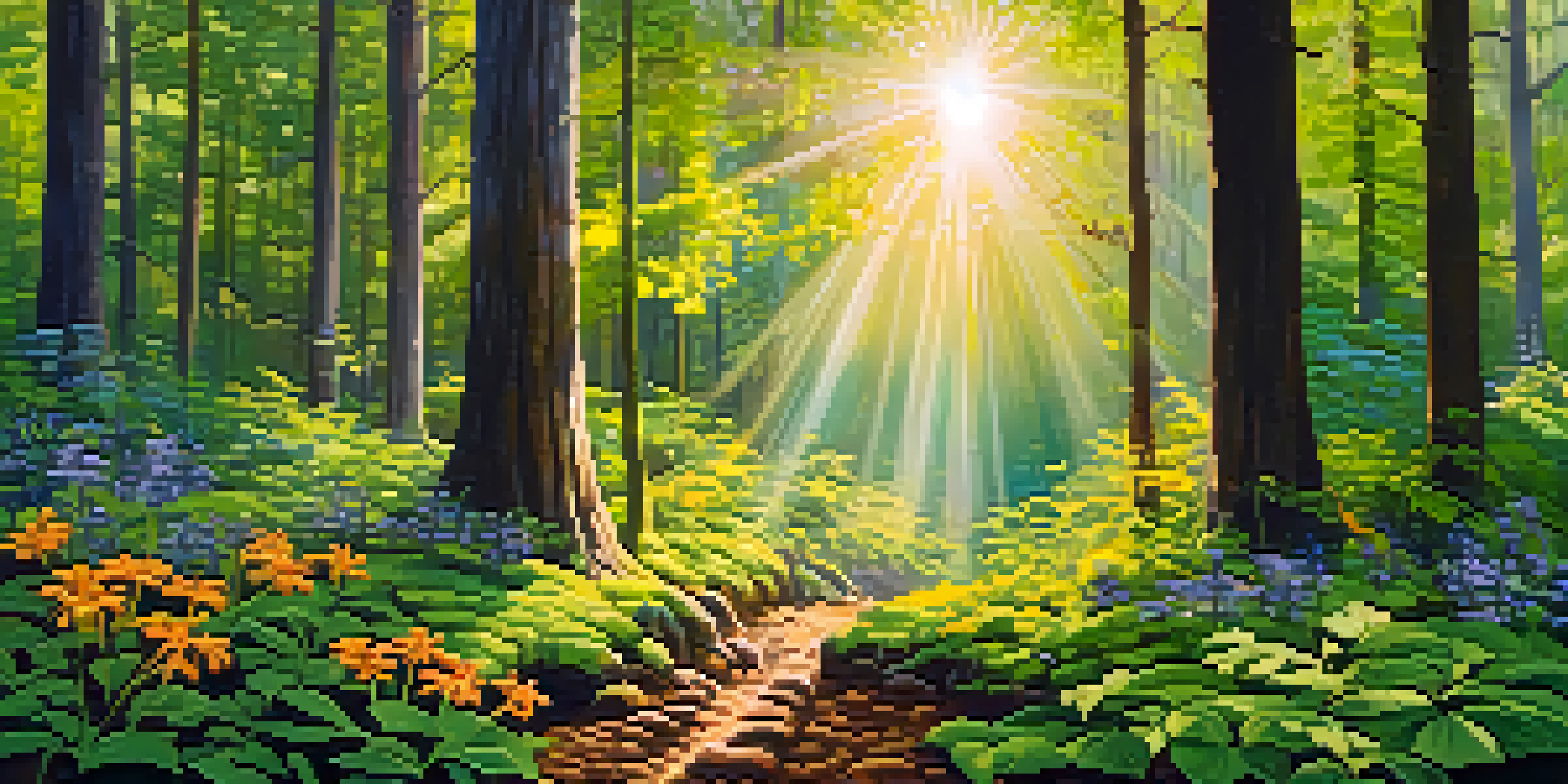 A colorful forest with trees stretching towards sunlight, symbolizing growth and change, with sunlight patterns on the ground.