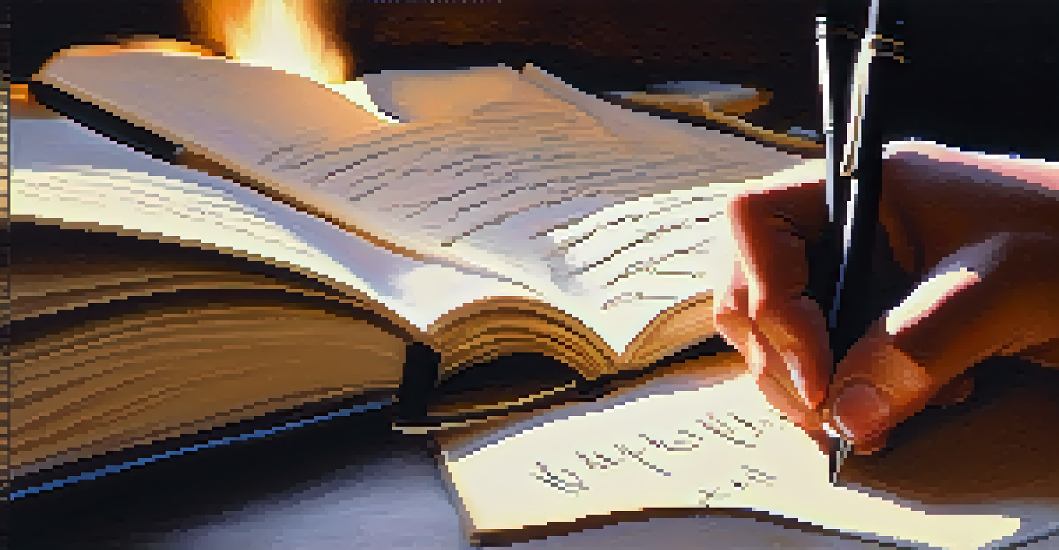 A close-up of hands writing in a journal, emphasizing the pen and handwritten notes with a softly blurred background.