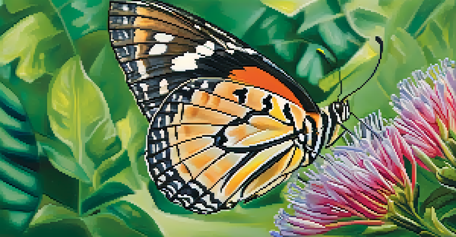 A close-up of a colorful butterfly on a blooming flower, with blurred green foliage in the background.