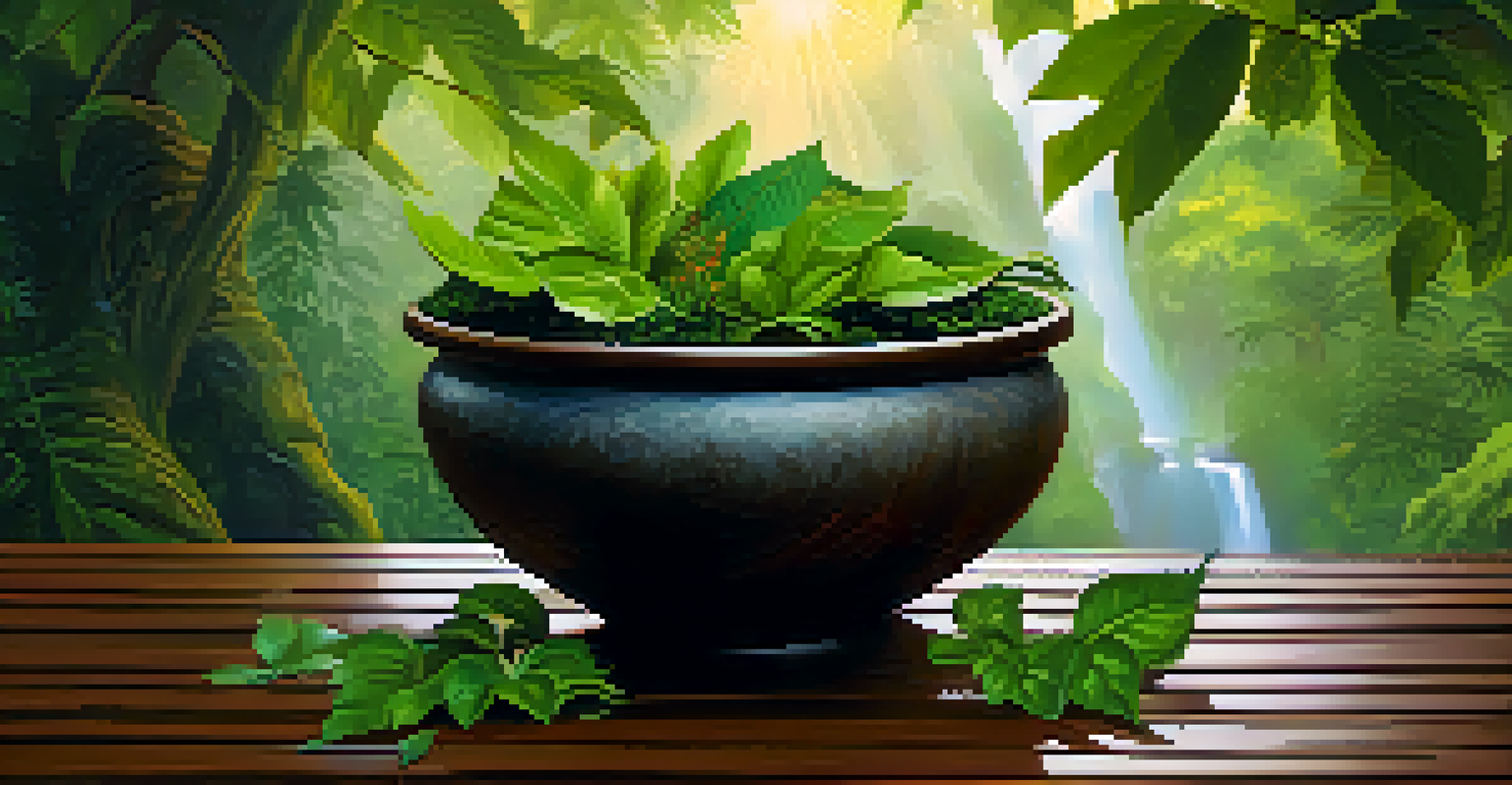 A rustic bowl of Ayahuasca brew surrounded by natural elements in a rainforest setting.