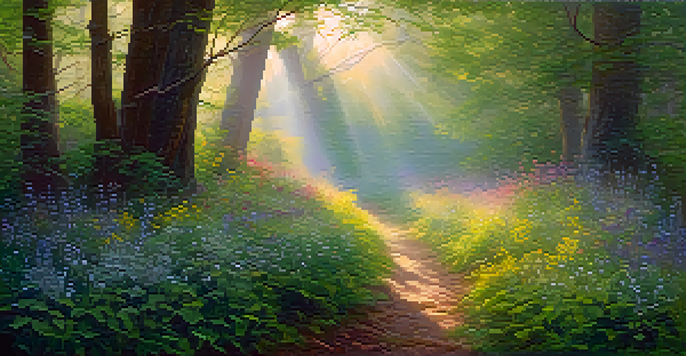 A peaceful forest at dawn with sunlight shining through leaves and colorful wildflowers on the ground.