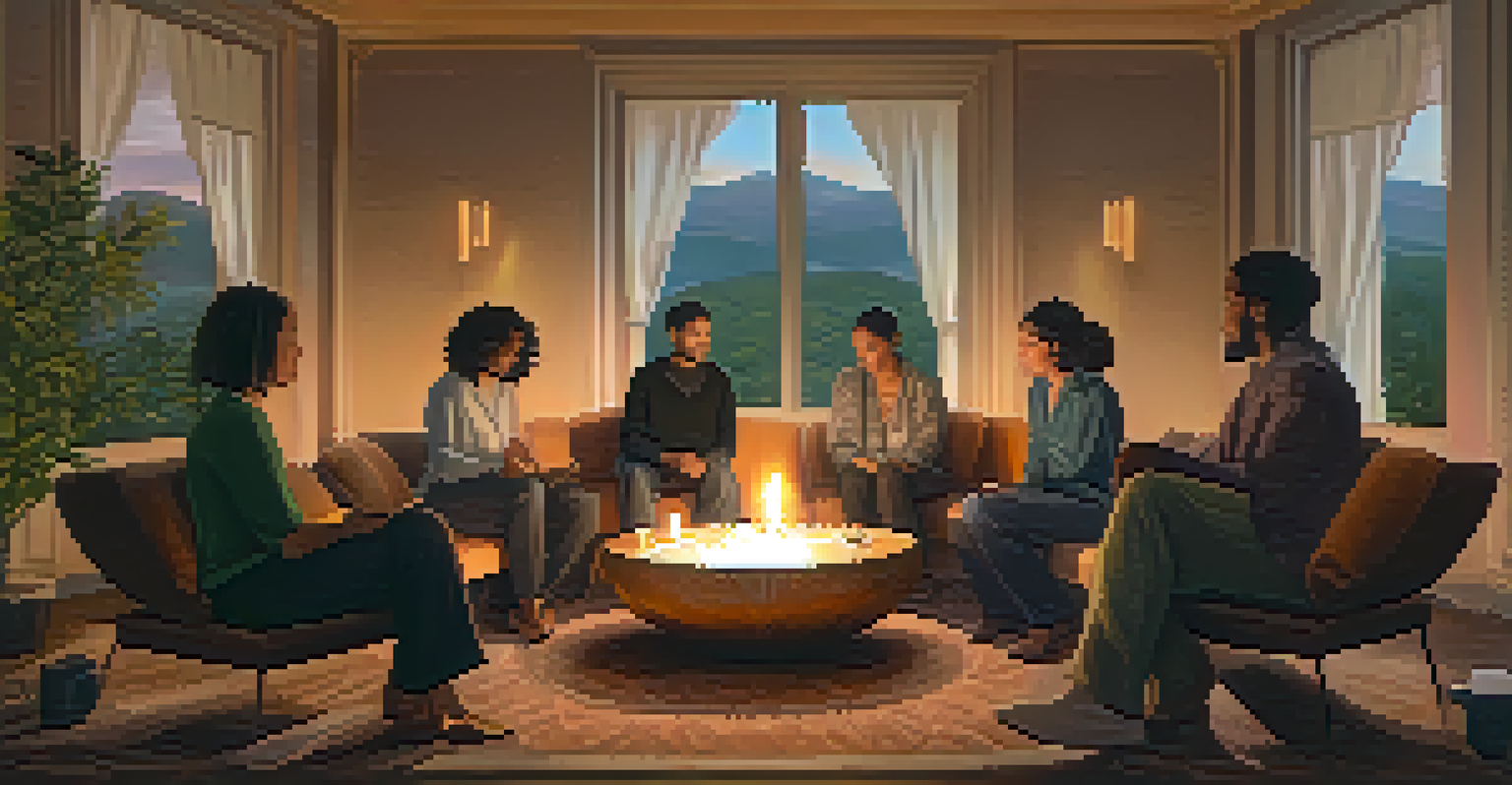 A group of colleagues sitting in a circle, sharing stories in a warmly lit room with candles and soft tapestries.