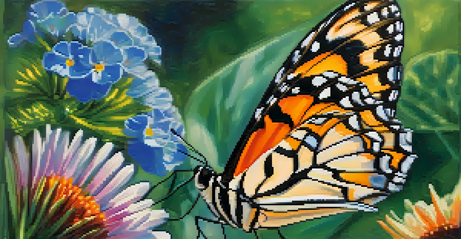 A close-up of a butterfly on a colorful flower, showcasing vibrant wing patterns.