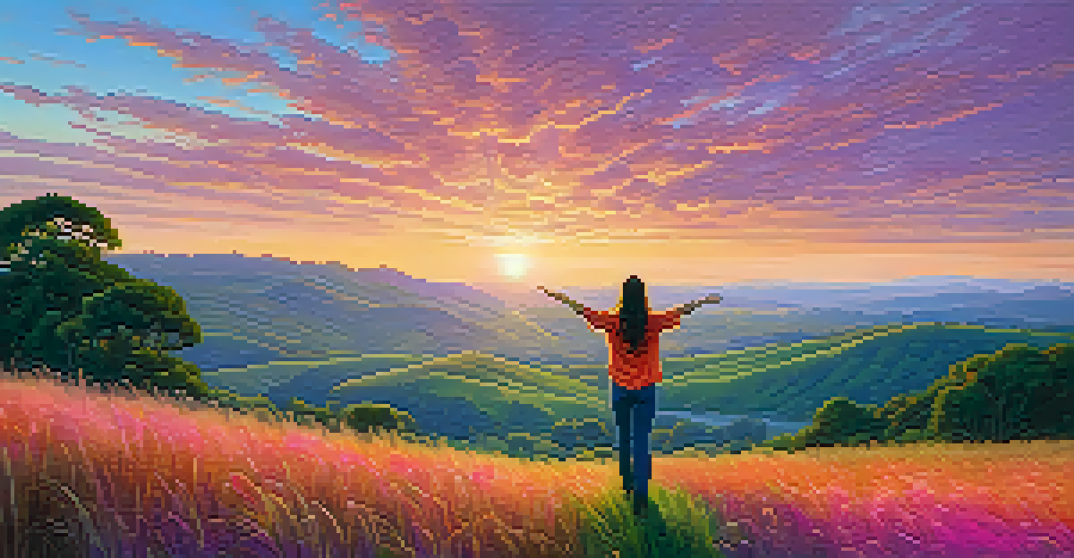 A person standing with arms outstretched in a vibrant landscape during sunset, with rolling hills and a colorful sky.