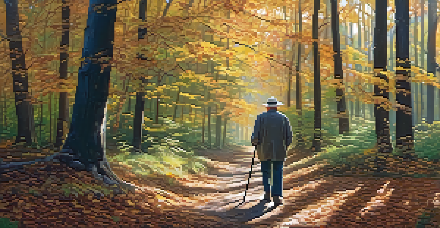 An elderly man walking along a forest path, surrounded by trees and sunlight, carrying a walking stick and looking content.