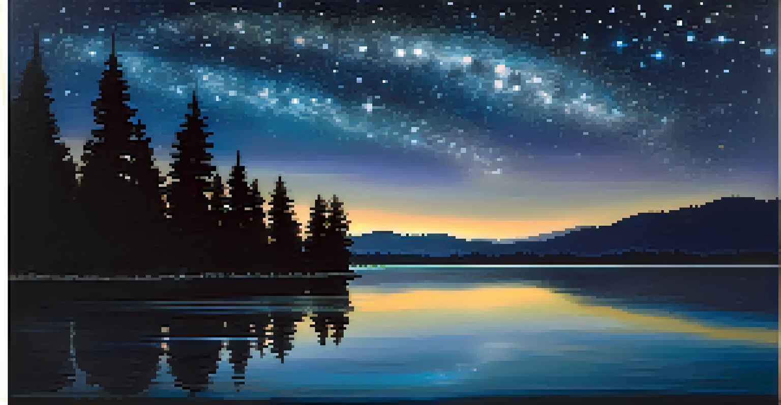 A calm lake reflecting a star-filled night sky with the Milky Way and silhouetted trees along the edges.