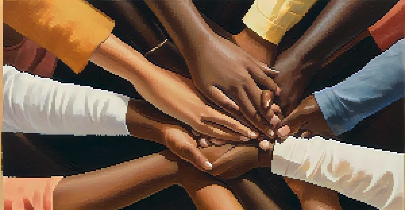 Close-up of diverse hands joined together in a circle, symbolizing support and connection during a group therapy session.