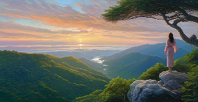 A person on a mountaintop at sunrise, arms outstretched, overlooking a vast green valley.