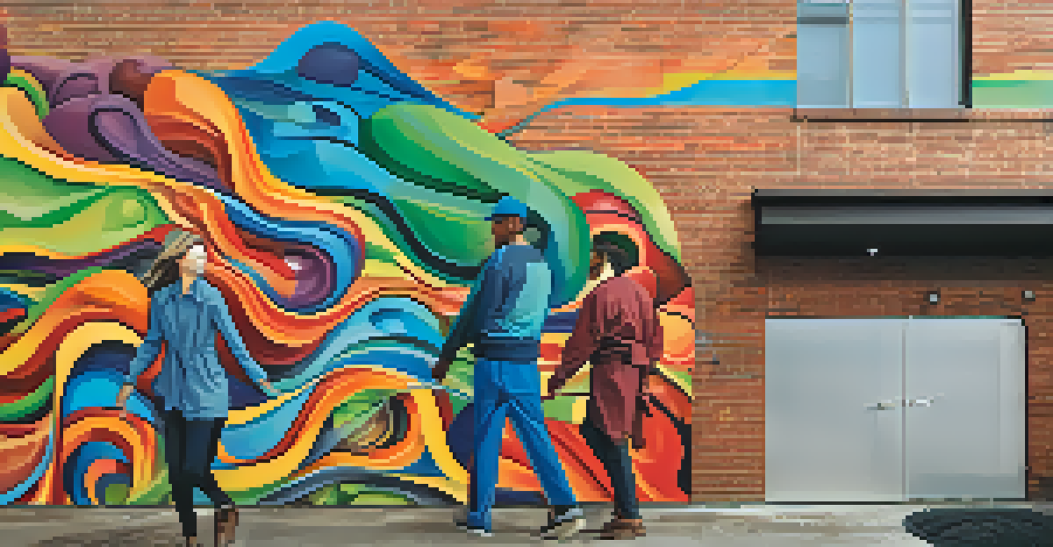 An abstract mural on a brick wall, featuring colorful figures intertwined with nature, symbolizing unity and empathy.